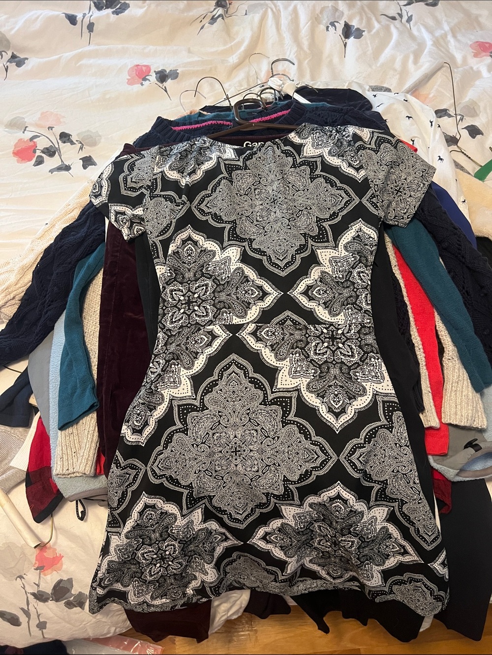 Black and White Patterned Short Sleeve Fit & Flare Dress